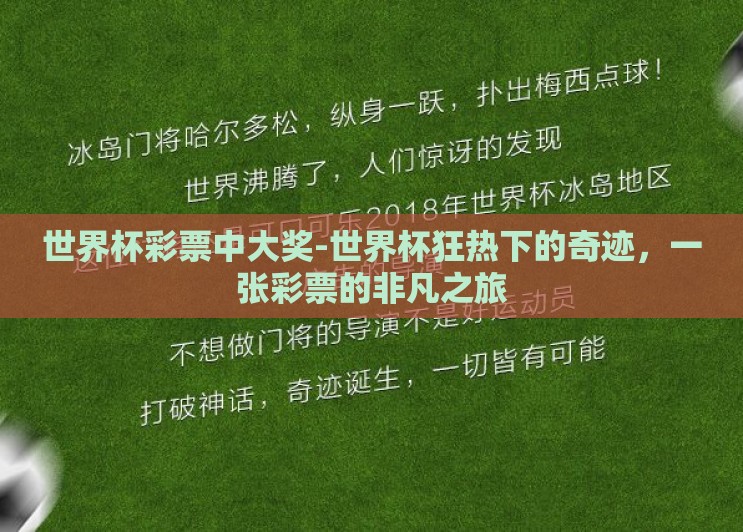 世界杯彩票中大奖-世界杯狂热下的奇迹,一张彩票的非凡之旅 世界杯彩票中大奖-世界杯狂热下的奇迹,一张彩票的非凡之旅